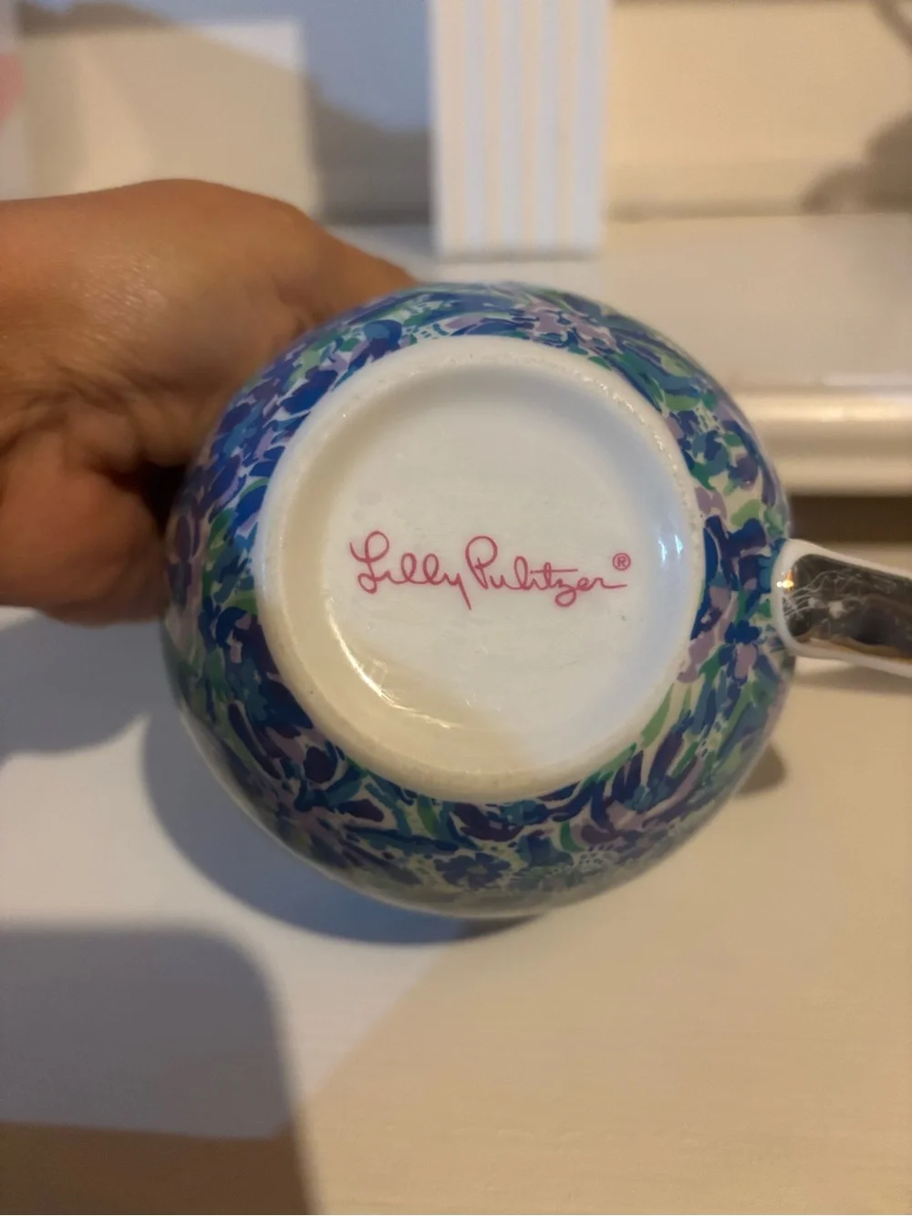 Pretty Lilly Pulitzer mug in blue, purple & teal. Some wear on handle. Large.